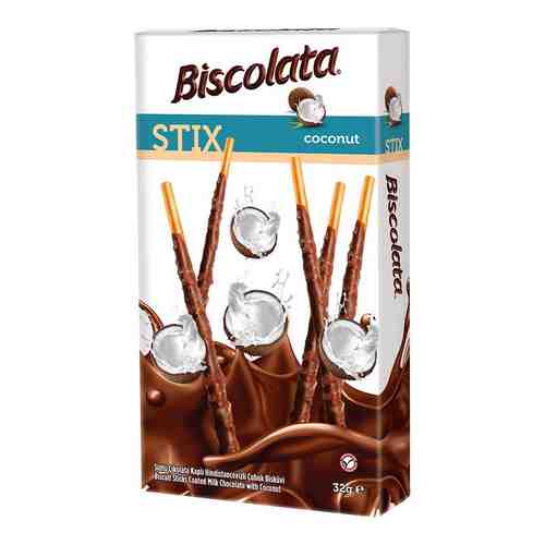 Палочки бисквитные Biscolata покрыт. мол.шоколадом с кокосовой стружкой 32г арт. 904185