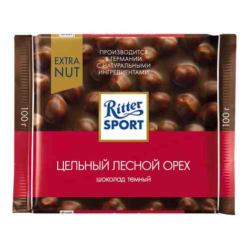 Шоколад темный Ritter Sport Extra Nut с цельным обжаренным орехом лещины 100г арт. 775154