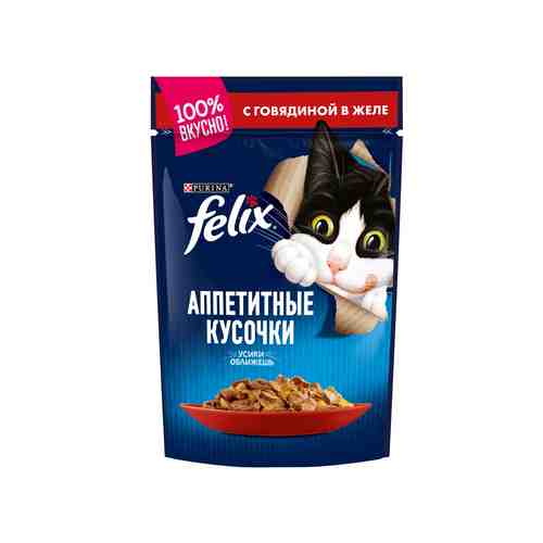 Влажный корм Felix Аппетитные кусочки для взрослых кошек, с говядиной в желе, Пауч, 85 г арт. 584086