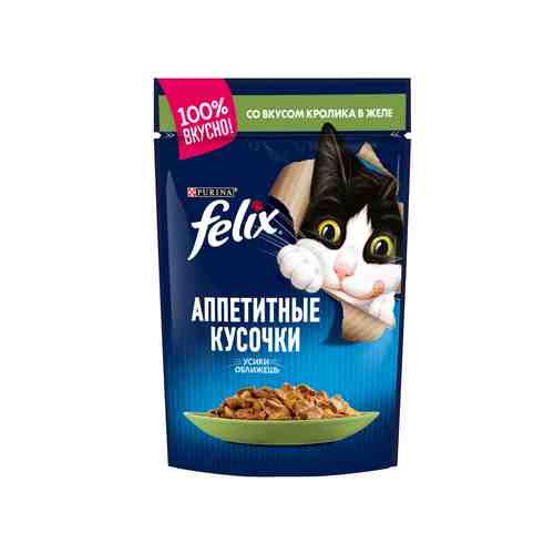Влажный корм Felix Аппетитные кусочки для взрослых кошек, с кроликом в желе, Пауч, 85 г арт. 584087