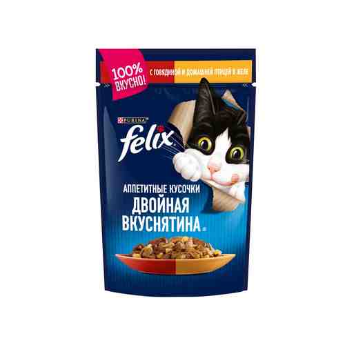 Влажный корм Felix Аппетитные кусочки. Двойная вкуснятина для взрослых кошек, с говядиной и домашней арт. 775254