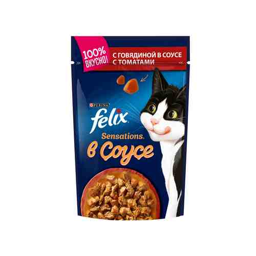 Влажный корм Felix Sensations для взрослых кошек, с говядиной в соусе с томатами, Пауч, 85 г арт. 732117