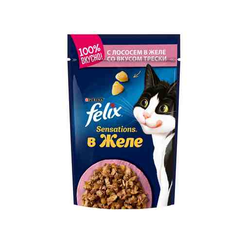 Влажный корм Felix Sensations для взрослых кошек, с лососем в желе с добавлением трески, Пауч, 85 г арт. 695265