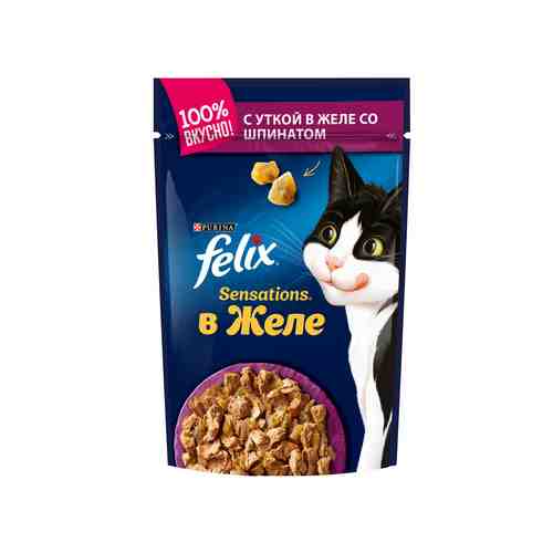 Влажный корм Felix Sensations для взрослых кошек, с уткой в желе со шпинатом, Пауч, 85 г арт. 695266